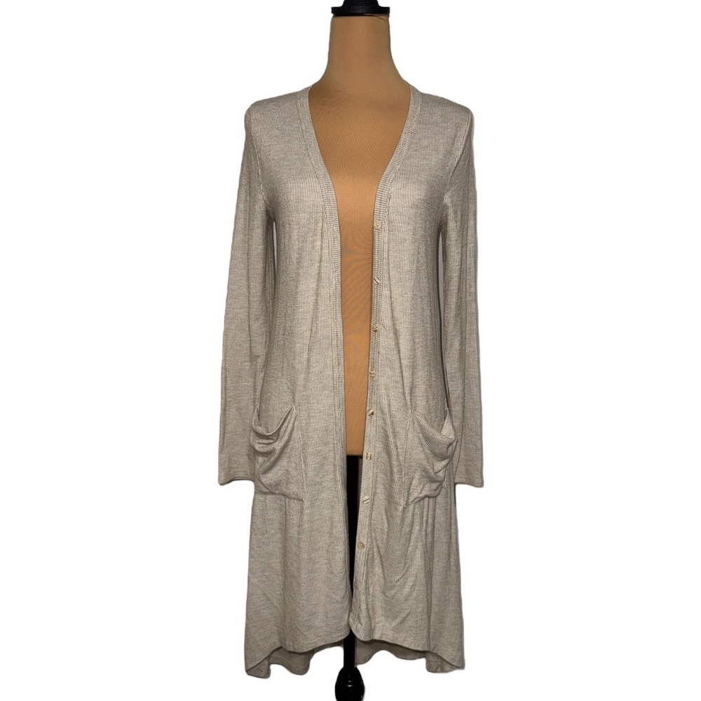FORE Button Front‎ Duster Cardigan Long Sleeve Pockets Knit Beige Women's Size L